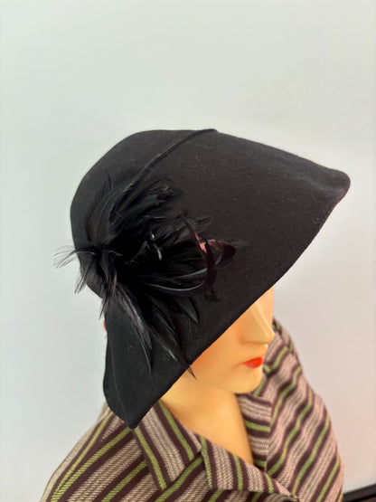 1940s Black Felt Asymmetrical Tilt Hat With Feather Trim