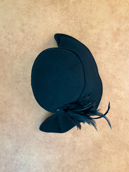 1940s Black Felt Asymmetrical Tilt Hat With Feather Trim