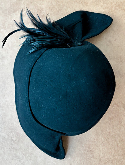 1940s Black Felt Asymmetrical Tilt Hat With Feather Trim
