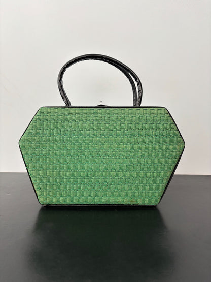 1950s Green Straw & Black Patent Leather Box Handbag