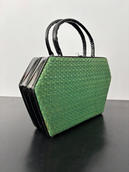 1950s Green Straw & Black Patent Leather Box Handbag