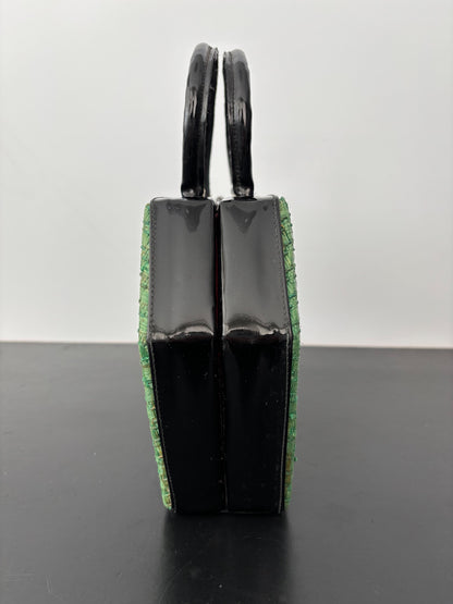 1950s Green Straw & Black Patent Leather Box Handbag