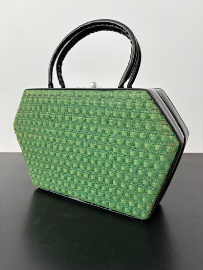 1950s Green Straw & Black Patent Leather Box Handbag