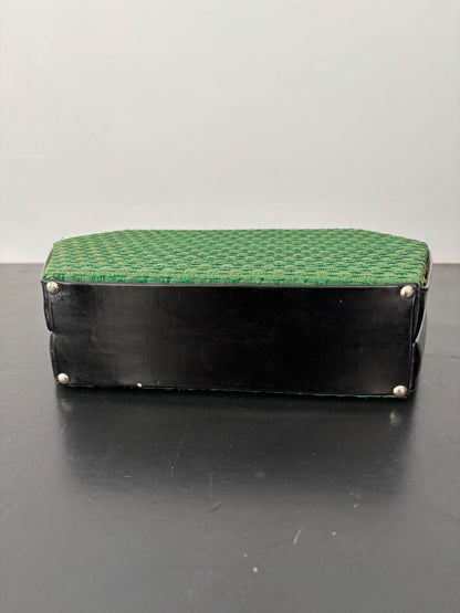 1950s Green Straw & Black Patent Leather Box Handbag