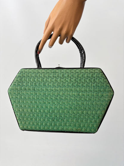 1950s Green Straw & Black Patent Leather Box Handbag