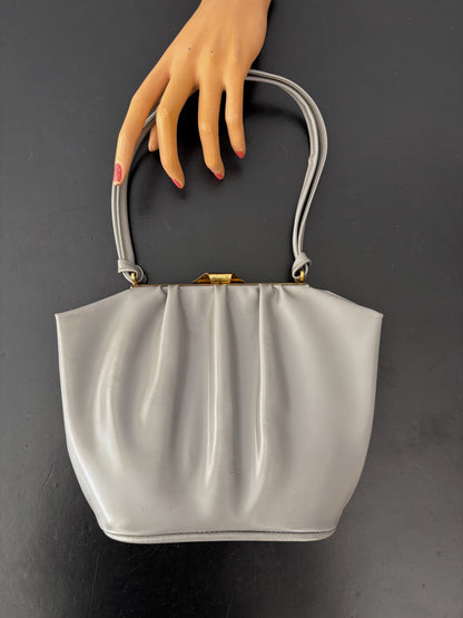 1950s Grey Vinyl Pleated Handbag with Gold Tone Frame