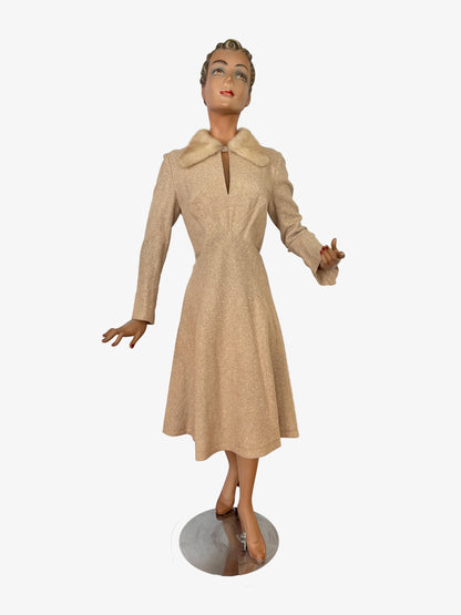 L/XL | 1950s/60s Wool Dress With Mink Collar Hirsch-Modell Berlin