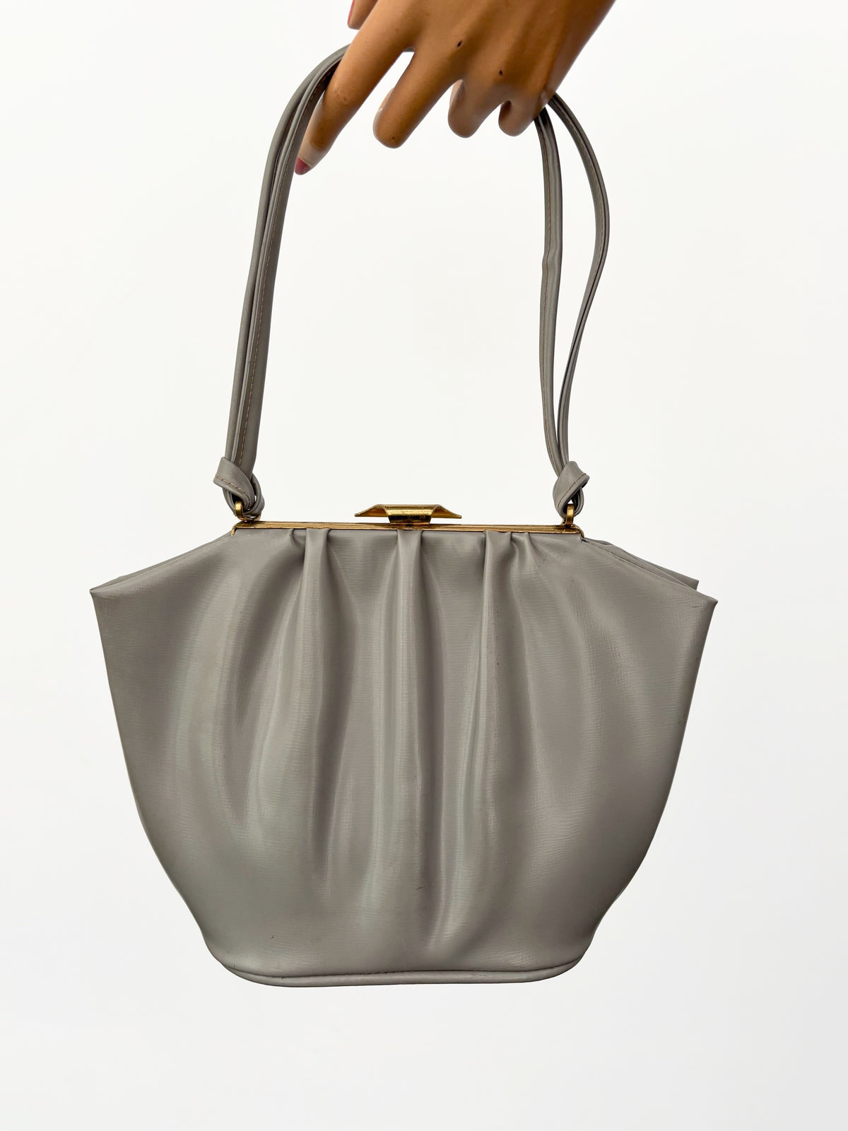 1950s Grey Vinyl Pleated Handbag with Gold Tone Frame
