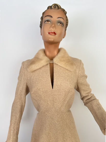 L/XL | 1950s/60s Wool Dress With Mink Collar Hirsch-Modell Berlin