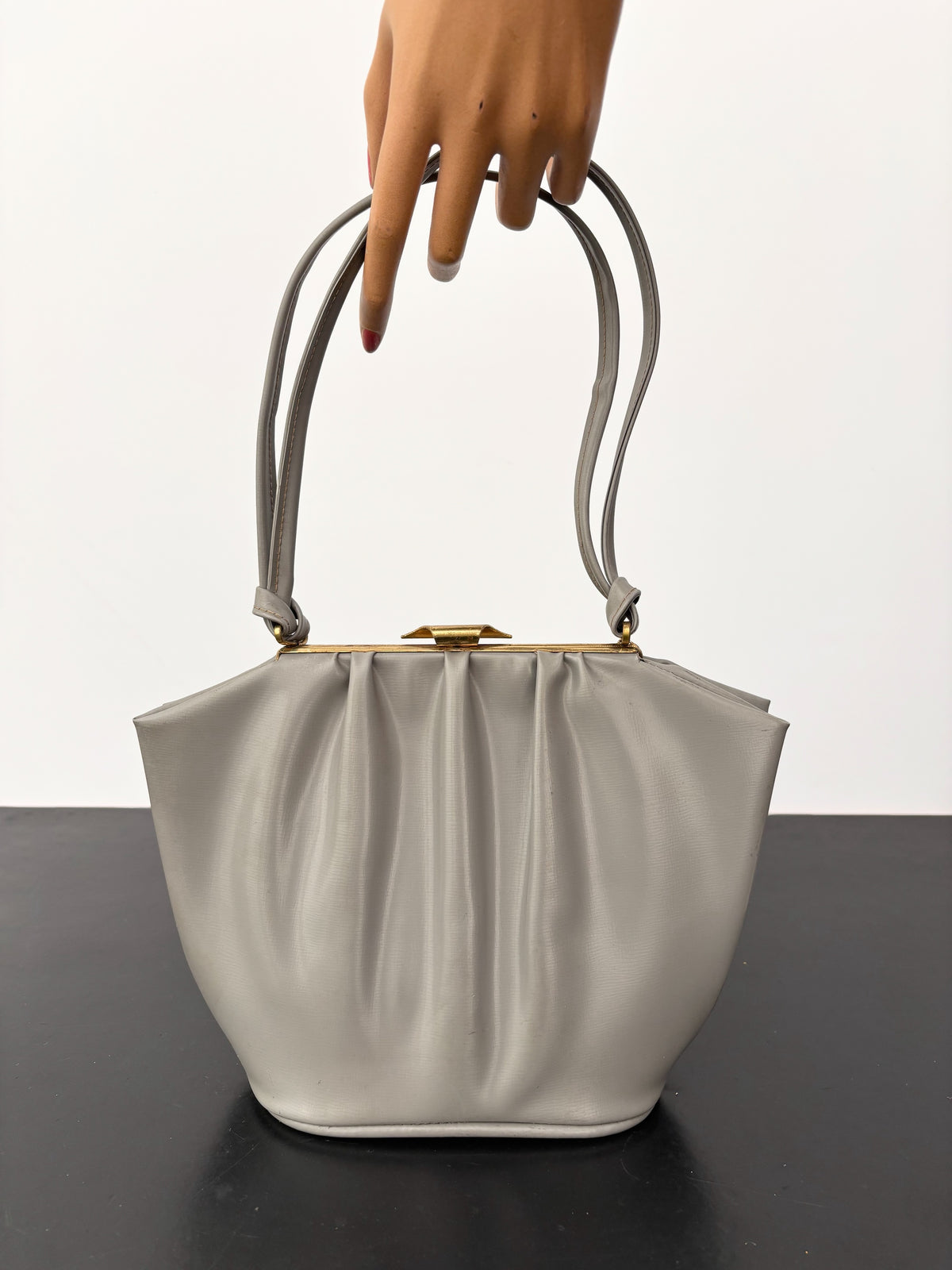 1950s Grey Vinyl Pleated Handbag with Gold Tone Frame