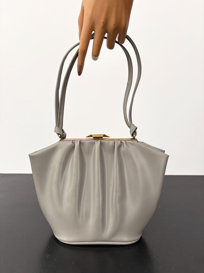 1950s Grey Vinyl Pleated Handbag with Gold Tone Frame