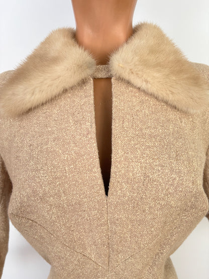 L/XL | 1950s/60s Wool Dress With Mink Collar Hirsch-Modell Berlin