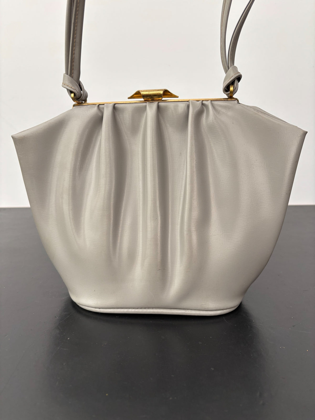1950s Grey Vinyl Pleated Handbag with Gold Tone Frame
