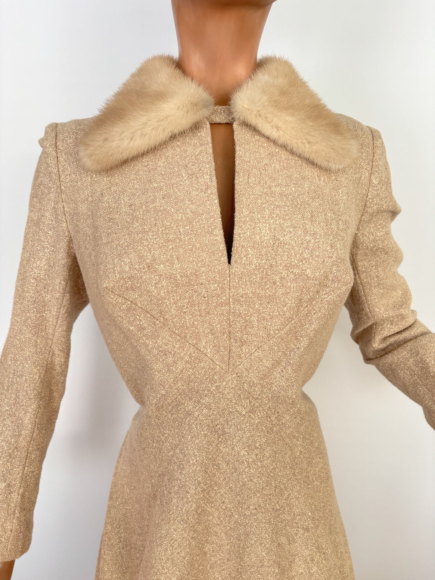 L/XL | 1950s/60s Wool Dress With Mink Collar Hirsch-Modell Berlin