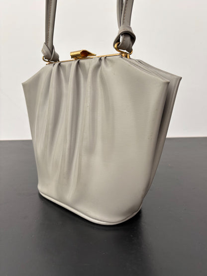 1950s Grey Vinyl Pleated Handbag with Gold Tone Frame