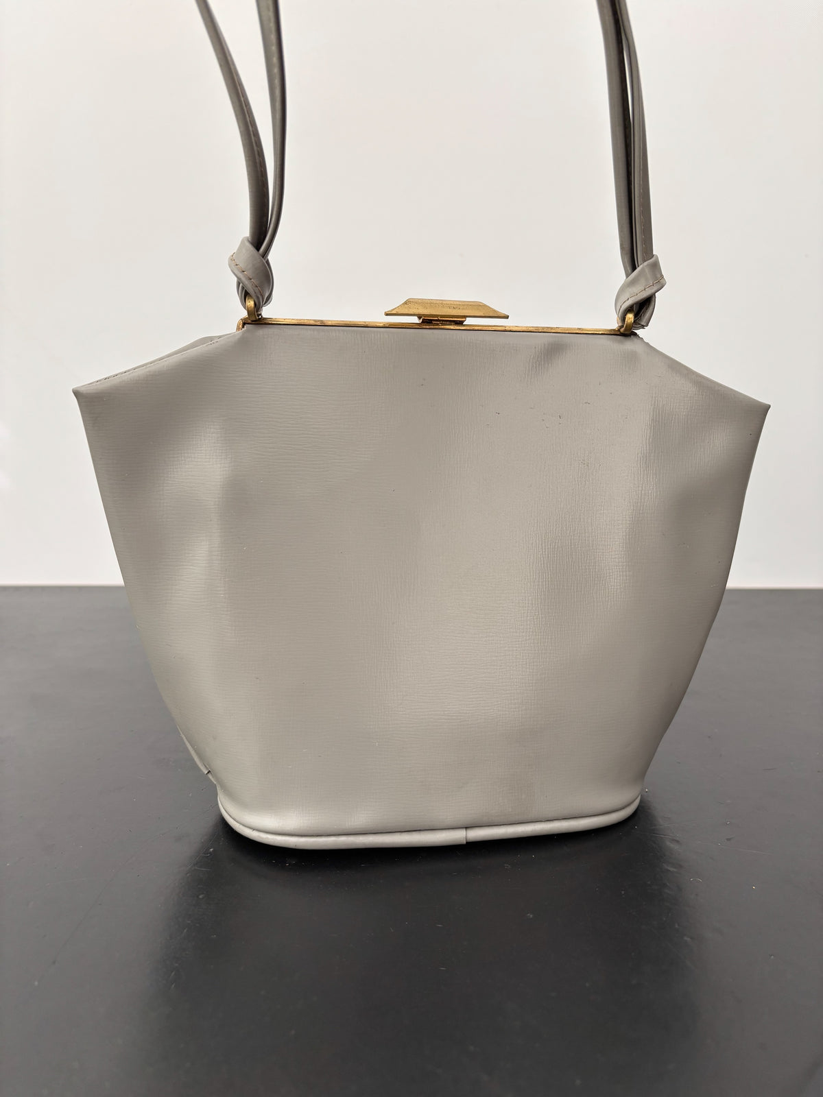 1950s Grey Vinyl Pleated Handbag with Gold Tone Frame