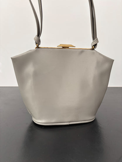 1950s Grey Vinyl Pleated Handbag with Gold Tone Frame
