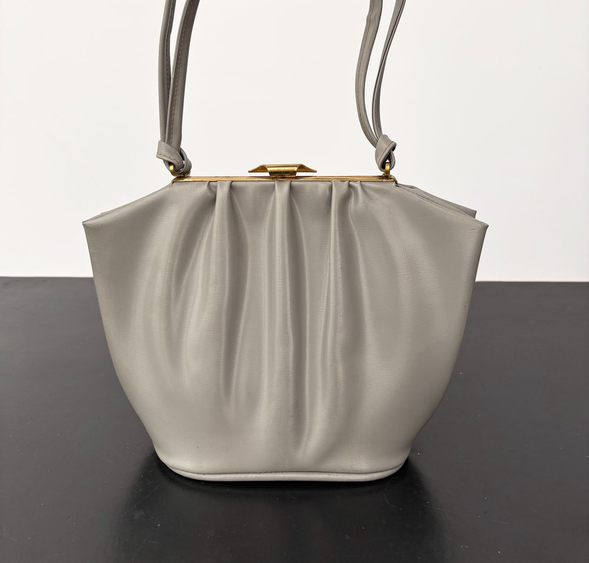 1950s Grey Vinyl Pleated Handbag with Gold Tone Frame