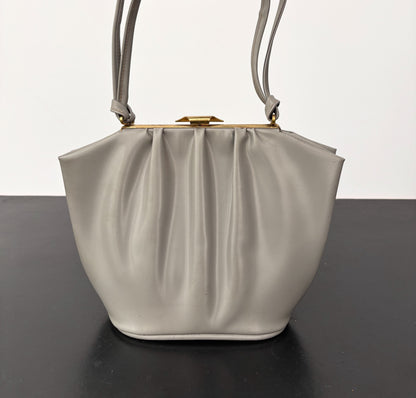 1950s Grey Vinyl Pleated Handbag with Gold Tone Frame