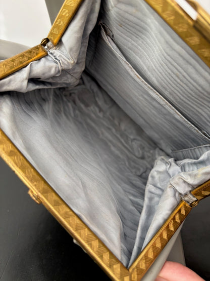 1950s Grey Vinyl Pleated Handbag with Gold Tone Frame