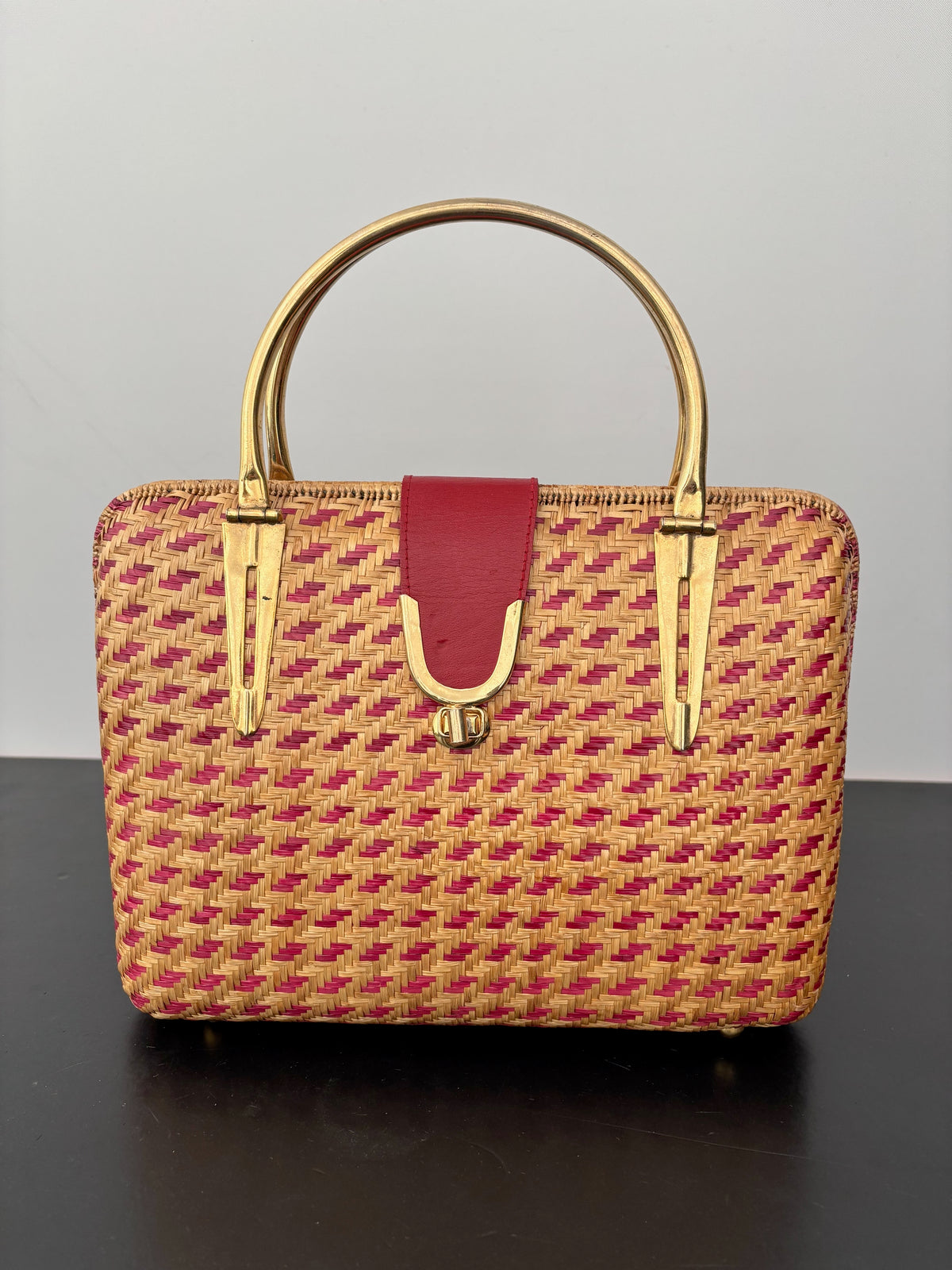 1950s Red Straw Box Handbag w. Gold Metal Hardware