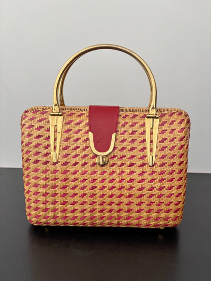 1950s Red Straw Box Handbag w. Gold Metal Hardware