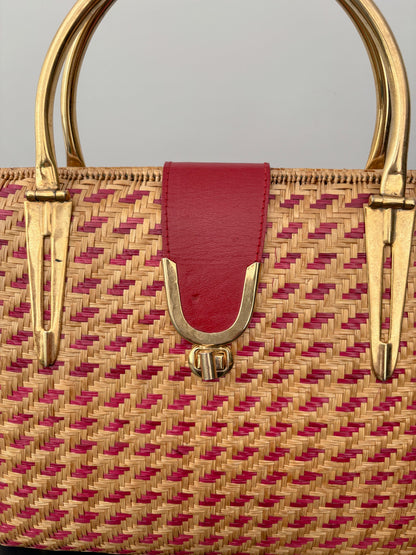 1950s Red Straw Box Handbag w. Gold Metal Hardware