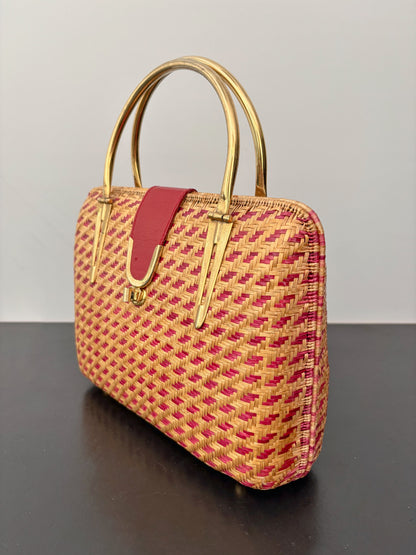 1950s Red Straw Box Handbag w. Gold Metal Hardware