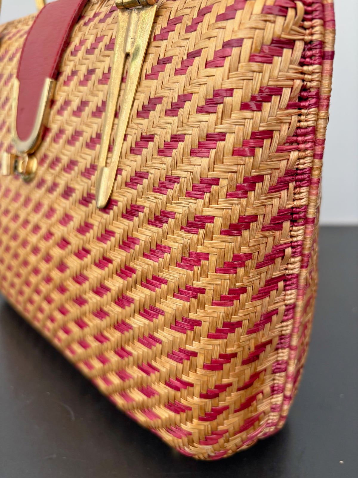 1950s Red Straw Box Handbag w. Gold Metal Hardware