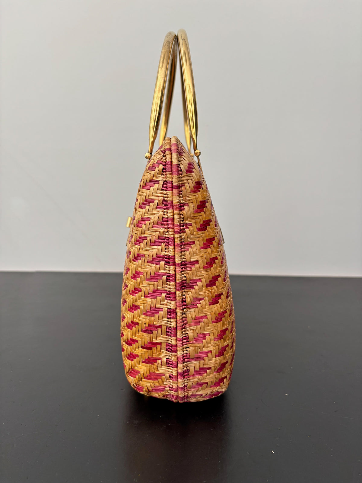 1950s Red Straw Box Handbag w. Gold Metal Hardware
