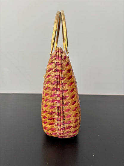 1950s Red Straw Box Handbag w. Gold Metal Hardware
