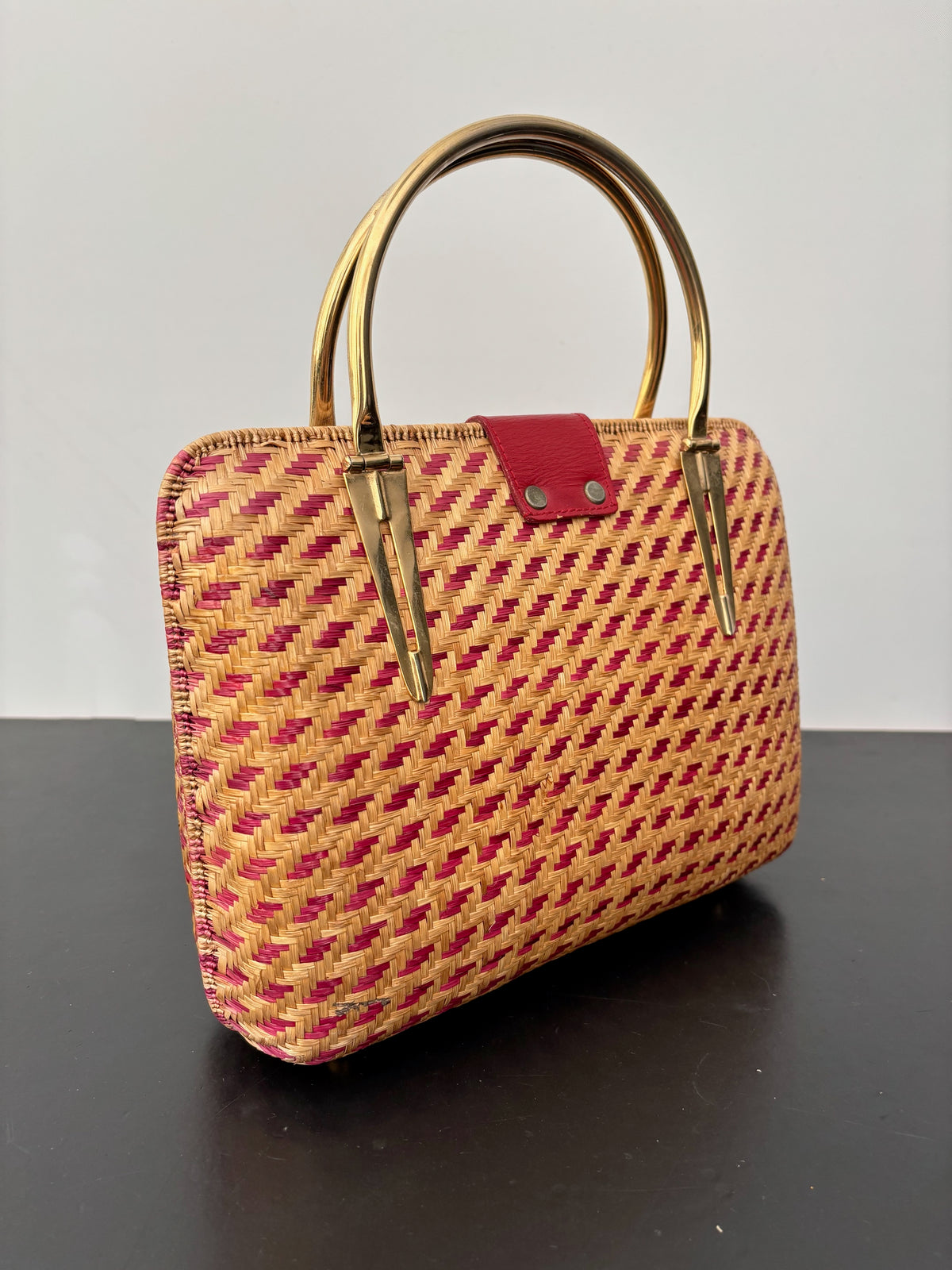 1950s Red Straw Box Handbag w. Gold Metal Hardware