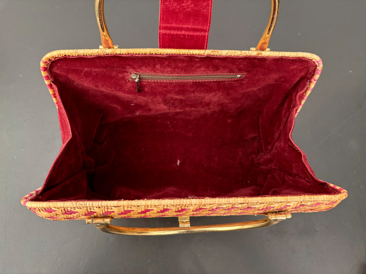 1950s Red Straw Box Handbag w. Gold Metal Hardware