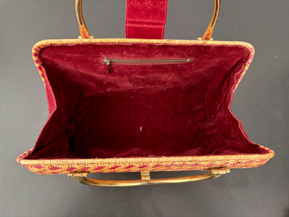 1950s Red Straw Box Handbag w. Gold Metal Hardware