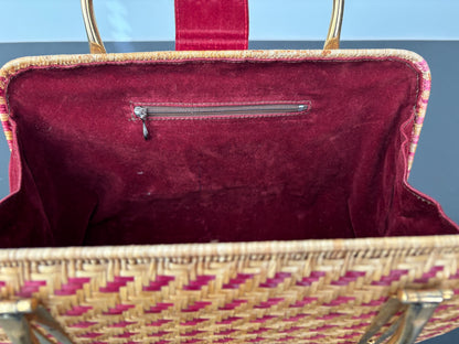 1950s Red Straw Box Handbag w. Gold Metal Hardware