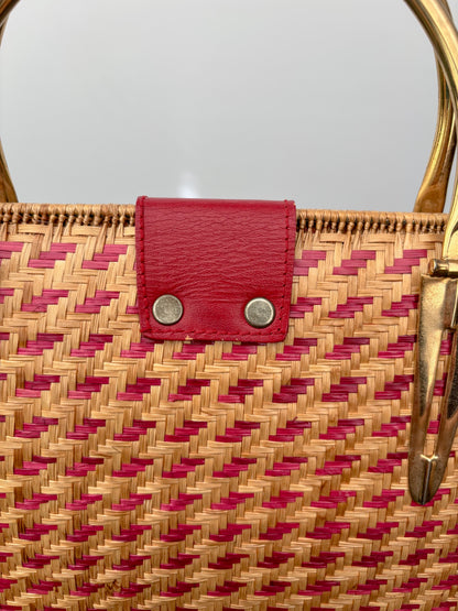 1950s Red Straw Box Handbag w. Gold Metal Hardware