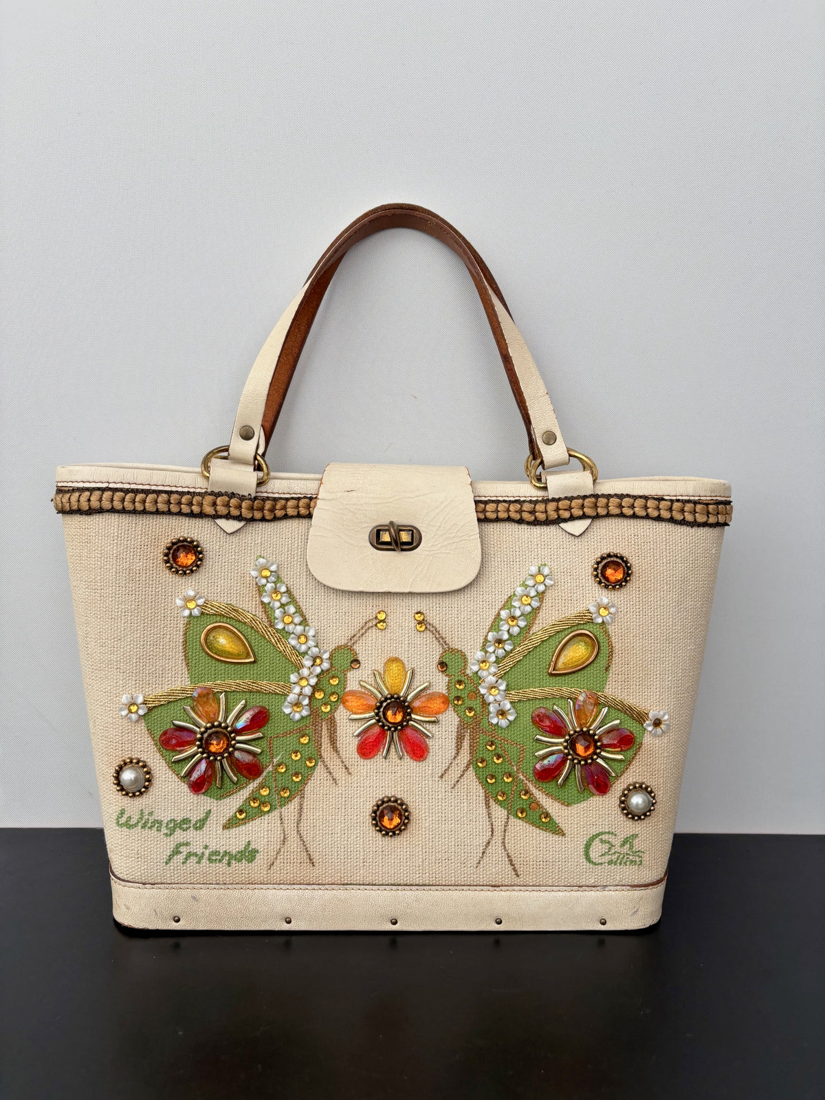 1960s Enid Collins Winged Friends Jeweled Canvas Handbag