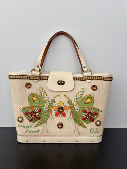 1960s Enid Collins Winged Friends Jeweled Canvas Handbag