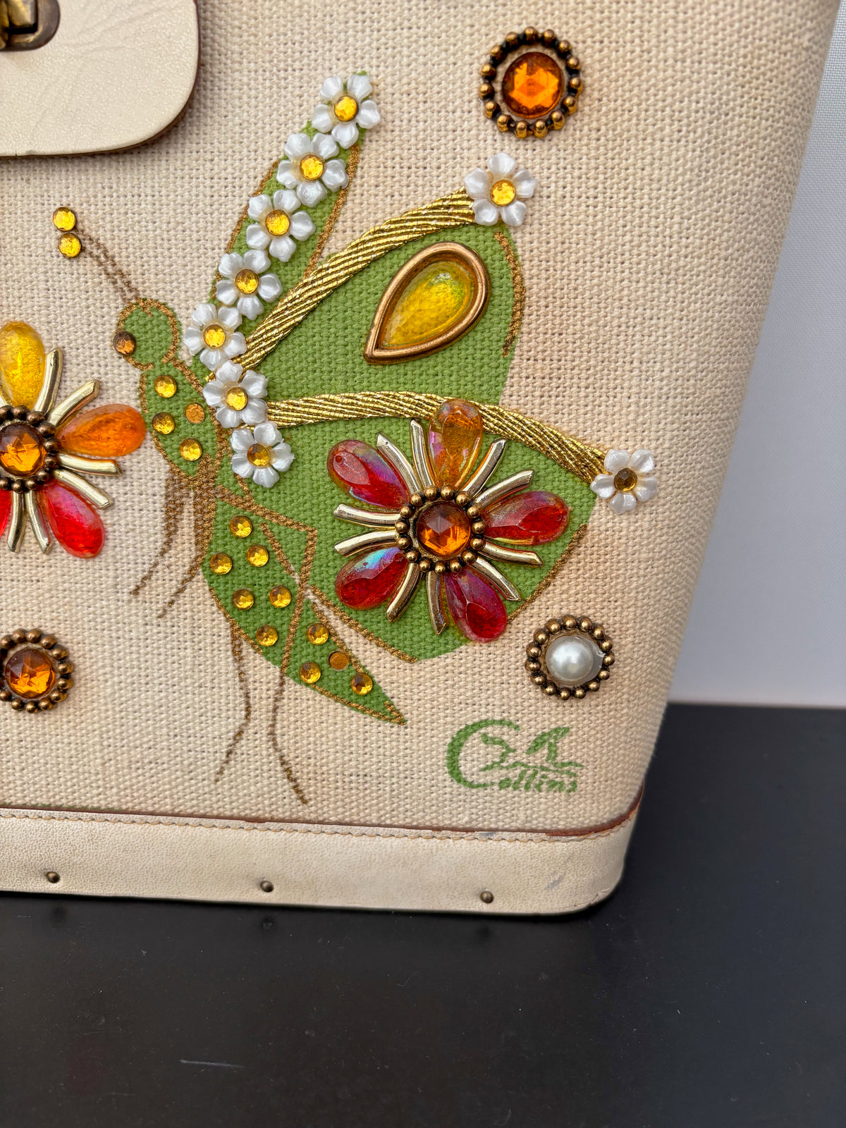 1960s Enid Collins Winged Friends Jeweled Canvas Handbag
