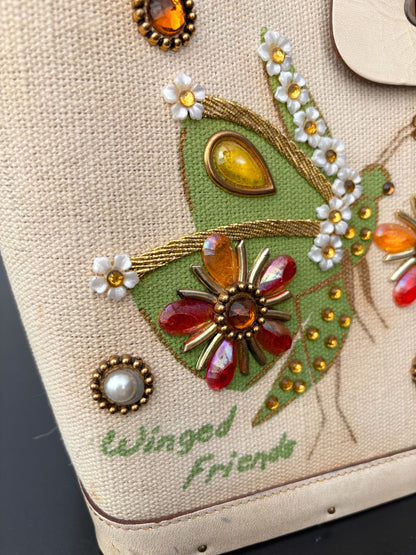 1960s Enid Collins Winged Friends Jeweled Canvas Handbag