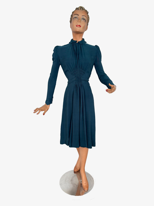 S | 1930s/1940s Petrol Blue Rayon Dress