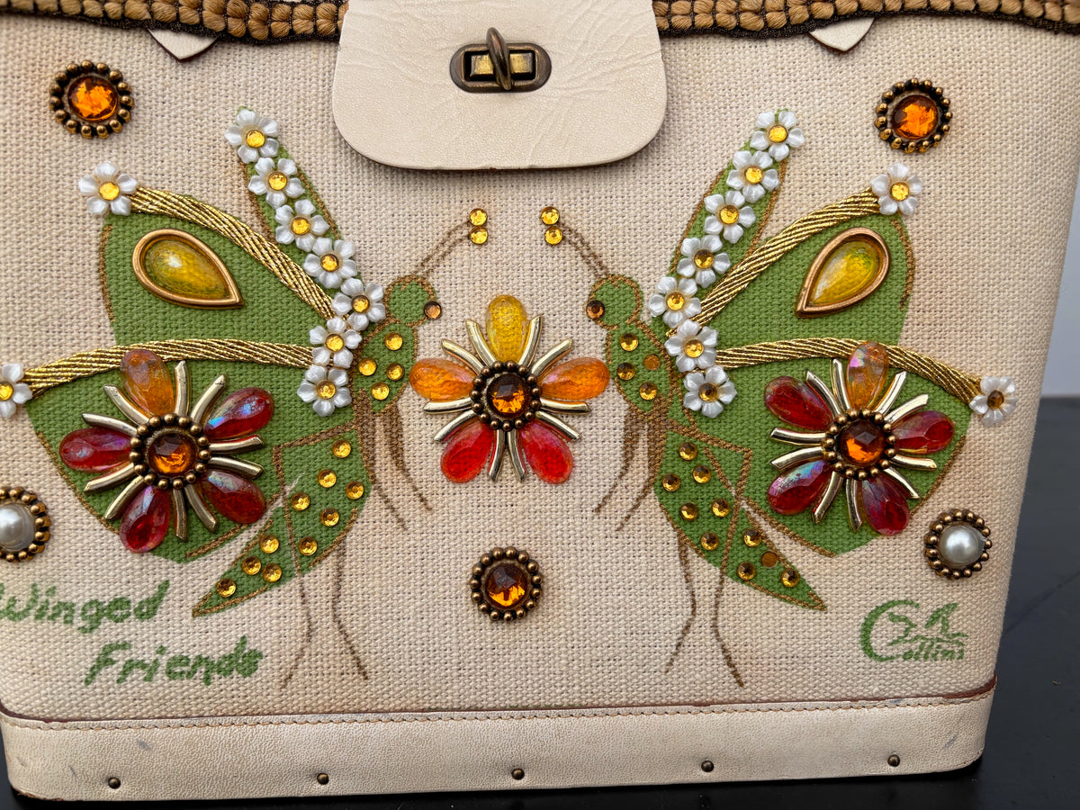 1960s Enid Collins Winged Friends Jeweled Canvas Handbag