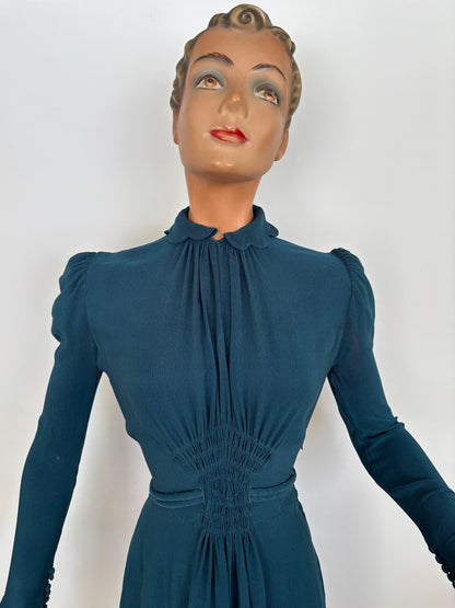 S | 1930s/1940s Petrol Blue Rayon Dress