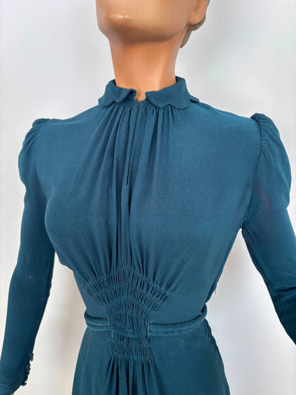 S | 1930s/1940s Petrol Blue Rayon Dress