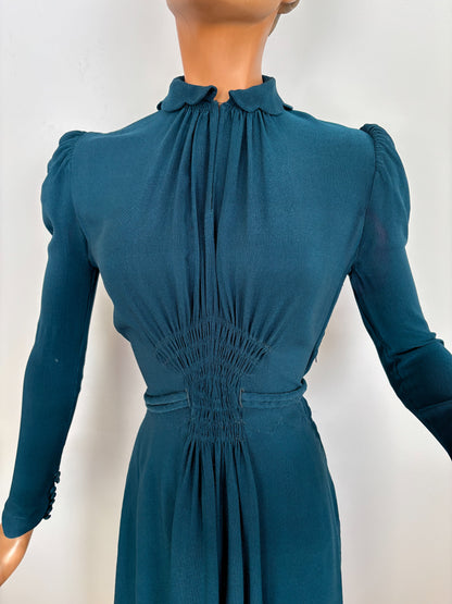 S | 1930s/1940s Petrol Blue Rayon Dress
