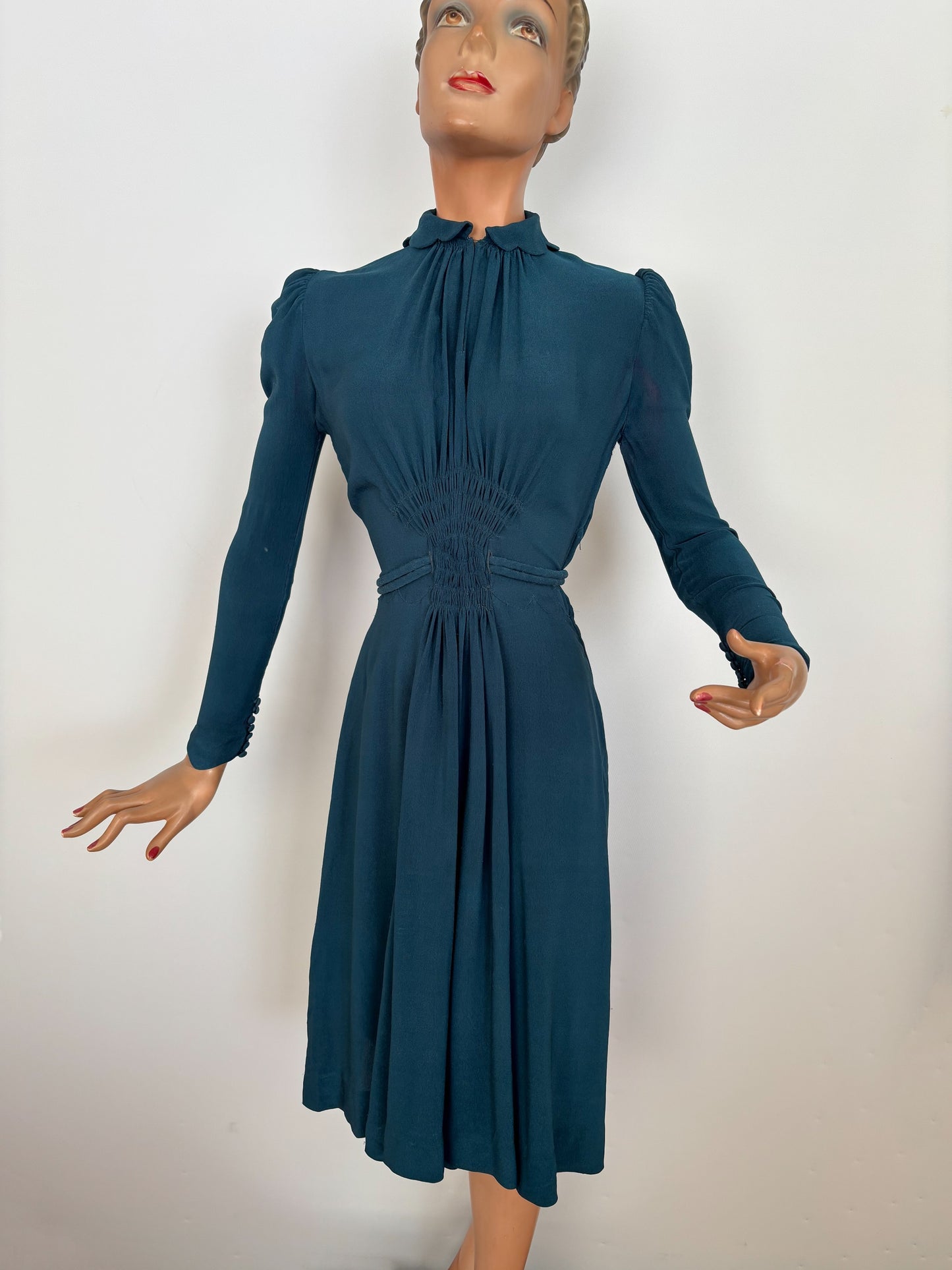S | 1930s/1940s Petrol Blue Rayon Dress