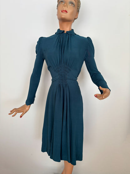 S | 1930s/1940s Petrol Blue Rayon Dress