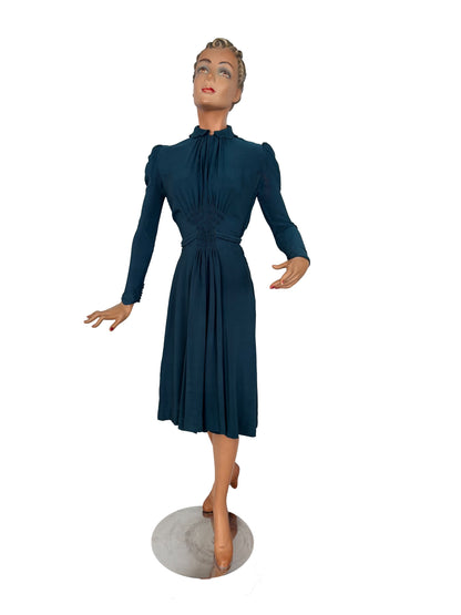 S | 1930s/1940s Petrol Blue Rayon Dress