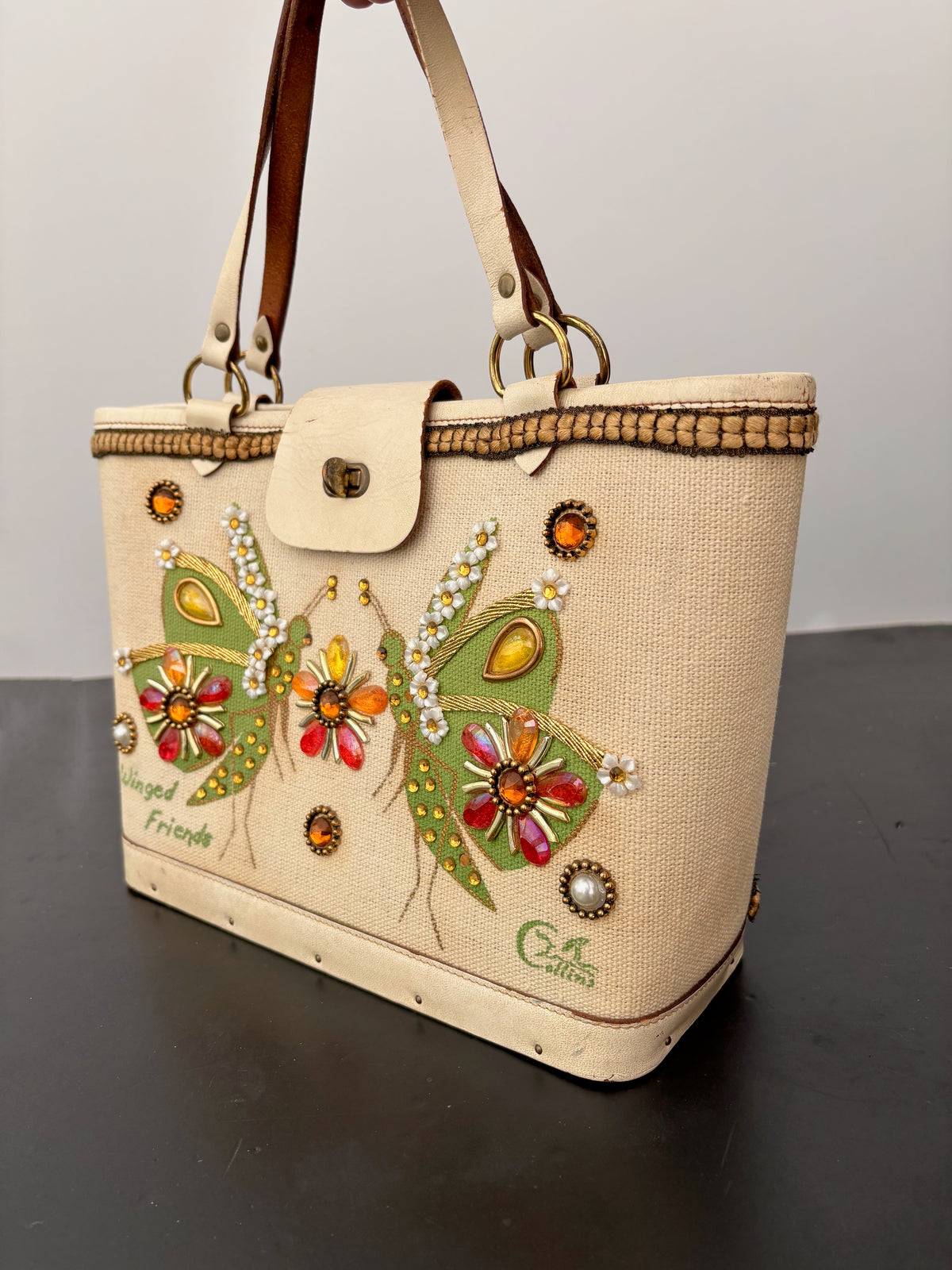 1960s Enid Collins Winged Friends Jeweled Canvas Handbag