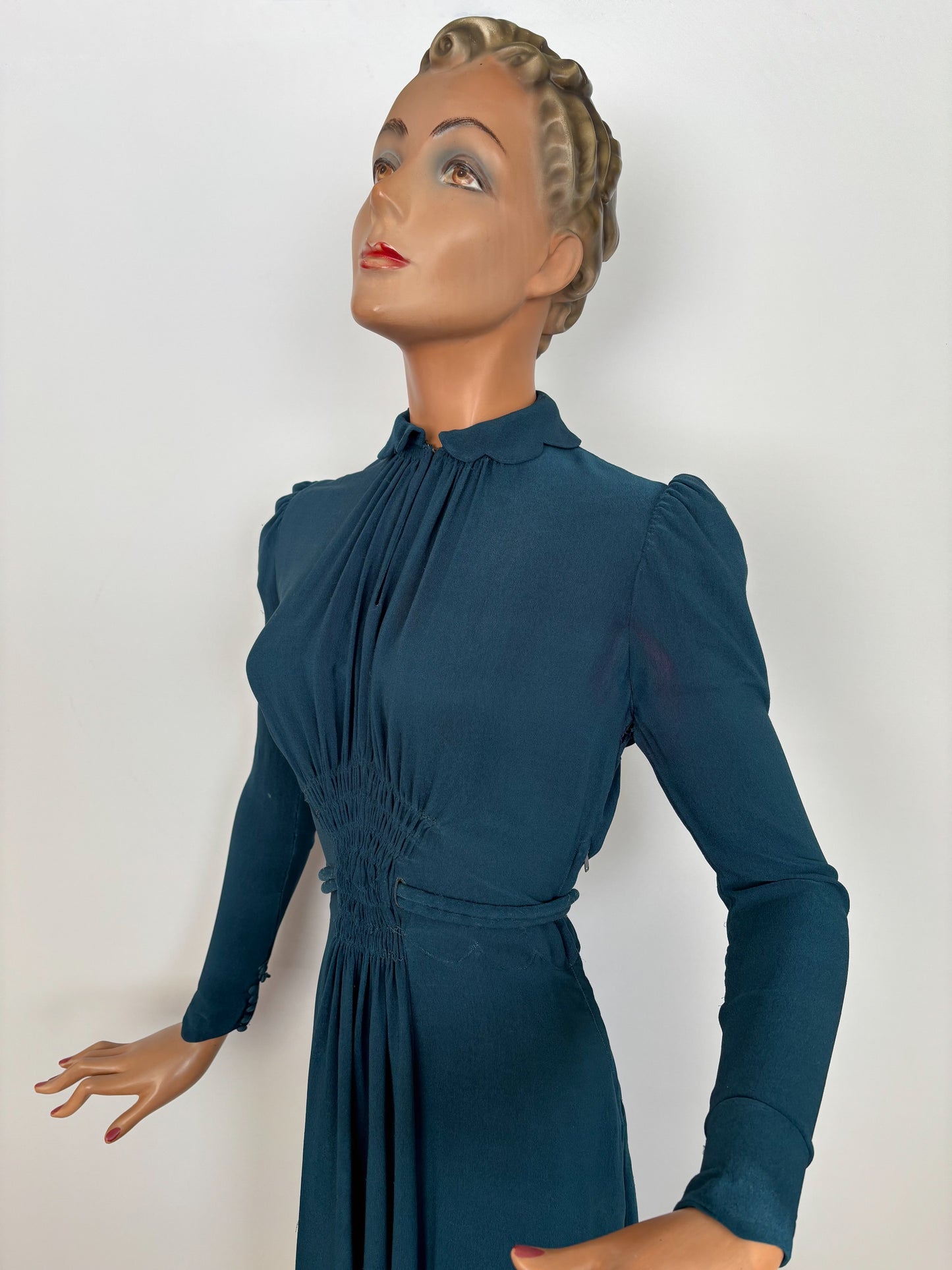 S | 1930s/1940s Petrol Blue Rayon Dress